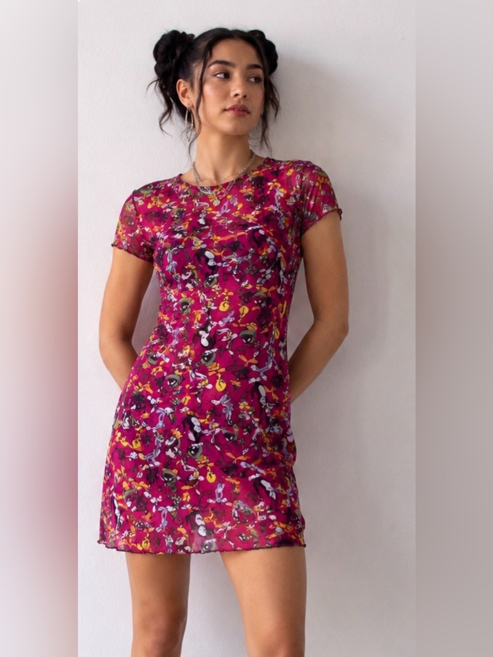 Looney Tunes Mesh Cartoon Print Dress Pink Y2K Size 2
